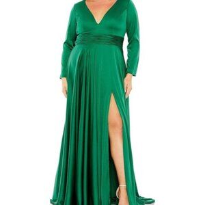 Mac Duggal Emerald Green Long Sleeve Satin A-Line Gown